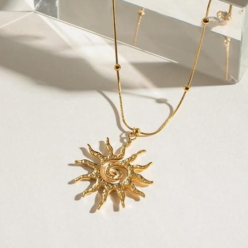 LAIHUARYWA Elegant 18K Gold Plated Necklace for Women Sun Moon Pendant Necklace Boho Vintage Hammered Circle Coin Necklaces for Women Minimalist Spiral Design Prom Birthday Gift for Her thumbnail 6