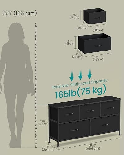 SONGMICS Dresser for Bedroom, Wide Dresser with 5 Fabric Drawers | Chest of Drawers with Steel Frame, for Closet & Entryway, Ink Black and Ebony Black, BELLAH Collection ULGS322B01S thumbnail 2