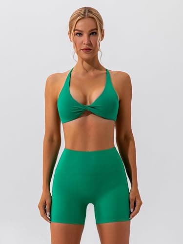 ABOCIW Workout Sets for Women 2 Piece Twist Front Halter Sports Bras High Waist Biker Shorts Exercise Gym Yoga Outfit thumbnail 2