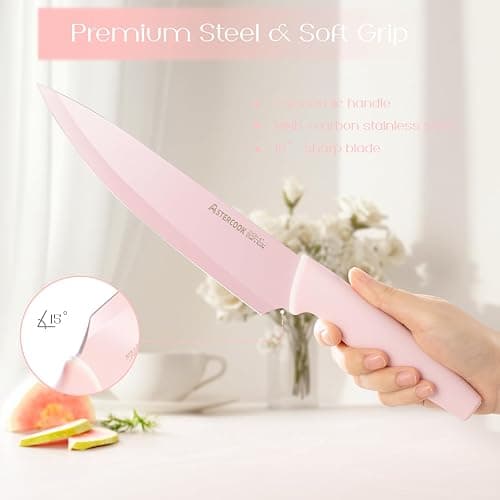 Astercook Kitchen Knife Set with Block and Sharpener 22 Piece German High Carbon Stainless Steel Knives Sharp Blade Dishwasher Safe Knife Set with Anti-slip Ergonomic Handle, Crystal Pink thumbnail 4