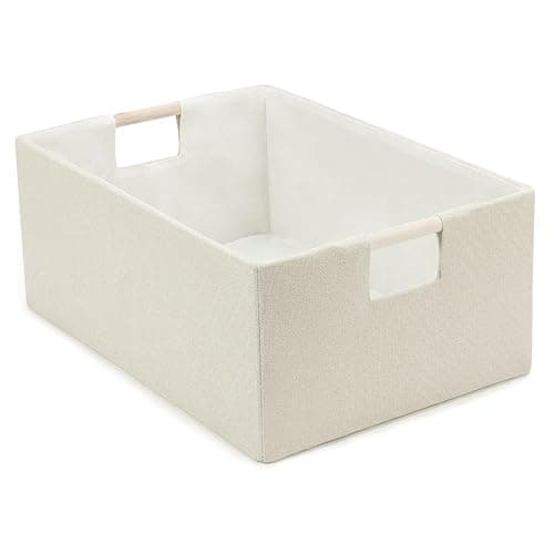 Foldable Fabric Storage Basket for Shelves, Linen Decorative Storage Bin with Wooden Handles, Small Organizer Cube for Closet, Rectangle Canvas Box for Organizing, Decor, 15x10.6x6 Inches (Beige) - Image 1