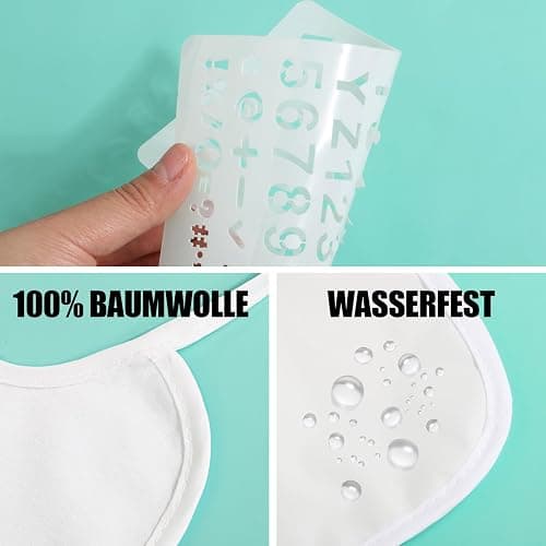 BOOMTOP 12 Baby Lätzchen zum Bemalen Babylätzchen Baumwolle mit 15x Malen Schablonen 12x Textilstifte Babyparty Deko Spiele Wasserdicht Lätzchen für Babys Junge Mädchen Babyshower Tiere Malvorlagen thumbnail 4