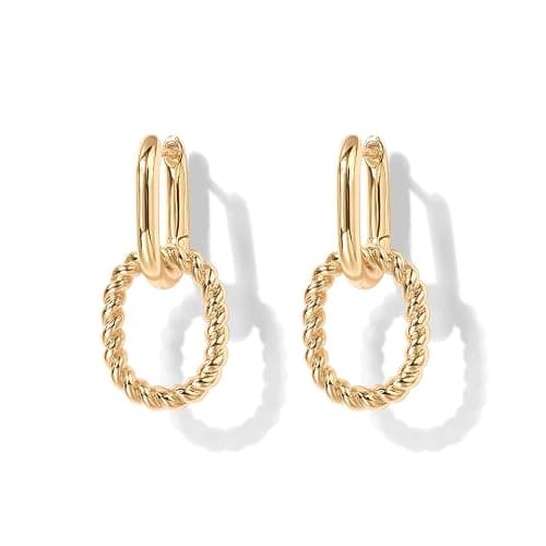 PAVOI 14K Gold Plated Convertible Paperclip Link Huggie Hoop Earrings for Women - Earscape Statement Jewelry - Trendy Cubic Zirconia Two-Toned Rope Drop Dangle Earrings thumbnail 3