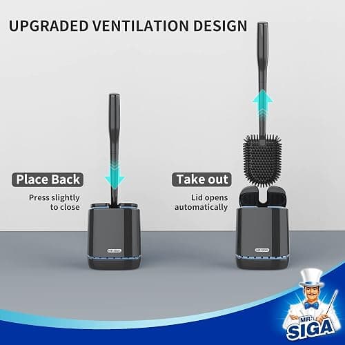MR.SIGA Toilet Bowl Brush and Holder, Wall Mounted Toilet Brush, Black | Automatic lid design, sturdy handle, upgraded ventilation, flexible thermoplastic rubber head, easy to clean and dry quickly thumbnail 4