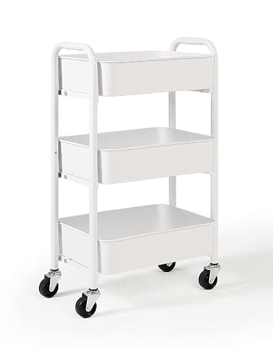 SunnyPoint 3-Tier Delicate Compact Rolling Metal Storage Organizer - Mobile Utility Cart Kitchen/Under Desk Cart with Caster Wheels - WHT (15.35" X 10.24" X 26.8"H) - Wht - 15.35" X 10.24" X 26.8"H thumbnail 4