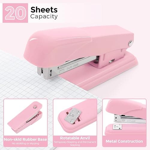 SKYDUE Pink Desk Accessories 10Pcs, Rotating Pen Holder for Desk, Stapler, Staple Remover, Tape Dispenser,2pcs Tape Refills, Binder Paper Clips Kit, Scissor,Pink Office School Supplies thumbnail 9