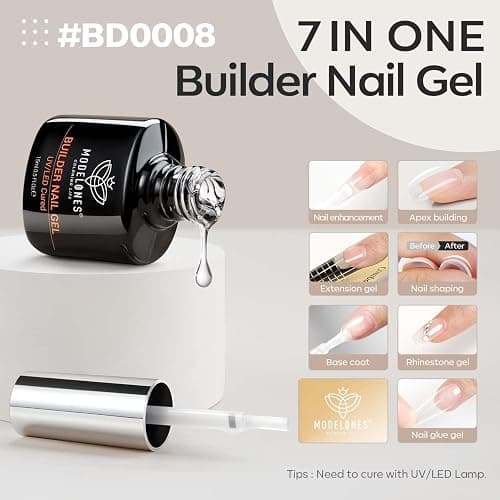modelones Builder Nail Gel, 7-in-One Clear Builder for Nails, LED Cured | Color Rubber Base Gel Polish Coat Strengthener Thickening Extension Rhinestone Glue in a Bottle for DIY Home Salon thumbnail 2