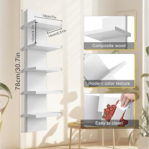YEXEXINM 5 Tier Wall Shelf Unit - Narrow Smooth Laminate Finish - Vertical Column Wall Decor Mount Floating Storage Home Decor Organizer Tall Tower Utility Shelf for Bedrooms, Living Rooms(White) thumbnail 3