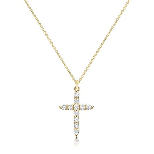 Robaice Crown Cross Necklace for Women 14K Gold Plated Crown Cross Pendant Necklace Simple Diamond Gold Necklaces Faith Cross Jewelry First Communion Necklace - Image 1