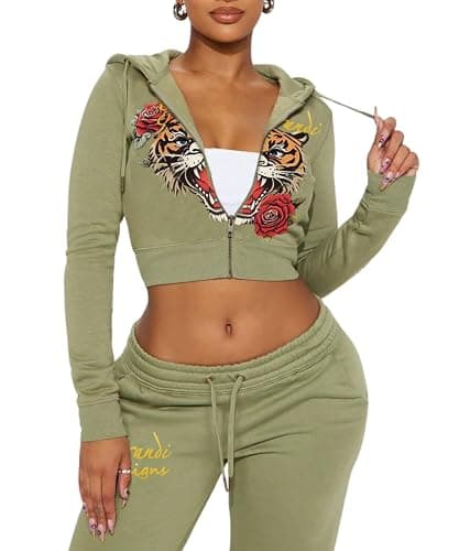 Glitrandi Womens 2 Piece Outfits Fashion Print Cropped Hoodies Jacket Sweatpants With Pockets Tracksuit For Women thumbnail 2