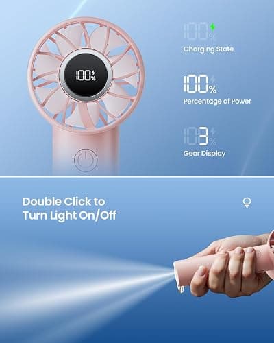 Gaiatop Portable Mini Fan, 3 Speed Handheld Fans with Power Display Flashlight, USB Rechargeable Battery, Lightweight Personal Cooling for Women Men Indoor Outdoor Travel Pink thumbnail 6