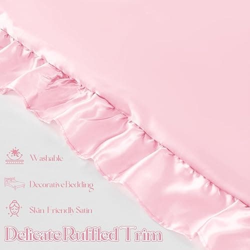 NSGZ Ruffled Satin Pillowcase Set of 2, Standard Size Silky Pillow Shams for Hair and Skin Care, Pink Satin Pillow Covers with Envelope Closure, Anti Wrinkle Pillow Cases for Princess Room Decor thumbnail 5