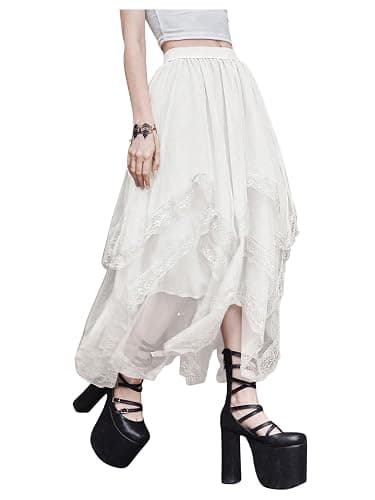 SHENHE Women's Lace Trim Layered Mesh Tulle Skirt High Waist Asymmetrical Long Goth Skirt thumbnail 5