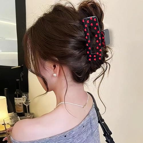 Valentine’s Day Hair Claw Clips for Thick or Thin Hairs, 1 Pack Black Red Heart Design Hair Clips No-Slip Claw Clips for Valentine’s Day Hair Accessories Acrylic Large Square Hair Jaw Clip for Women thumbnail 3