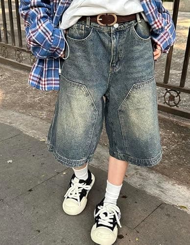 Hugboom Baggy Jean Shorts for Women Jorts Y2k Low Rise Wide Leg Denim Shorts Goth Summer Jeans Loose Streetwear Retro Blue thumbnail 6