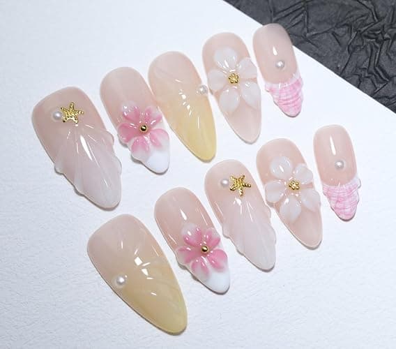 10Pcs Medium Almond Handmade Press On Nails | Nude Pink & Yellow Ombre with Seashell, Starfish, 3D Floral & Pearl Decor | Reusable Salon-Quality Fake Nails for Women and Girls (25901, M) thumbnail 5