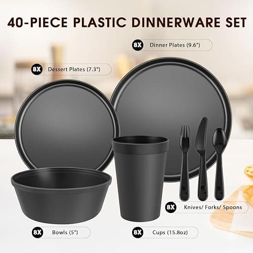 40 Piece Plastic Dinnerware Set for 8 with Cutlery, Unbreakable Plates and Bowls Set, Dishwasher & Microwave Safe Reusable Dish Set for Camping, RV, Outdoor Kitchen, Apartment Dining, Black thumbnail 3
