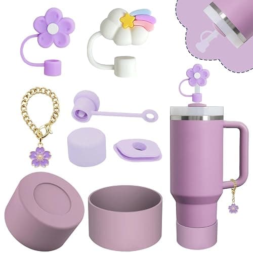 Stanley Cup Accessories Set,Including 2 Pcs 0.4in Straw Cover, 1 Silicone Spill-Proof Stopper Set of 3, 1 Cute Purple Flower Handle Charm, 1 Silicone Boot Fits Stanley 40&30 Oz Tumbler (Lilac) - Image 1