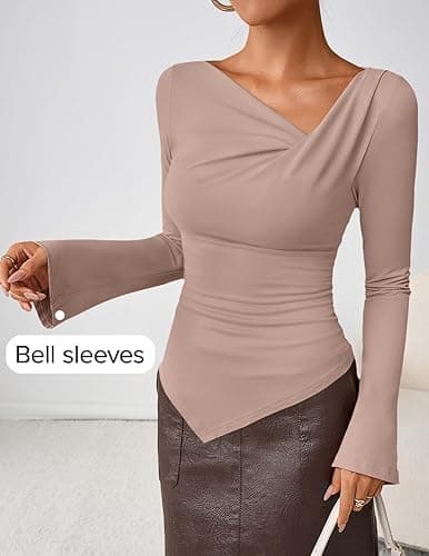 ZESICA Women's Long Bell Sleeve Shirts 2025 Fall Going Out Asymmetrical Crop Tops Slim Fit Ribbed Ruched Y2K Clothes thumbnail 4