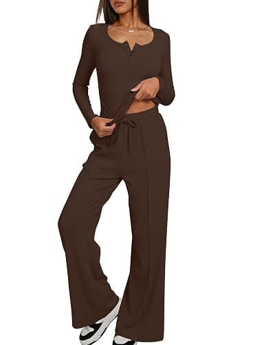 Darong Womens 2 Piece Matching Lounge Sets 2026 Long Sleeve Henley Shirts Wide Leg Pants Airport Travel Outfits thumbnail 3