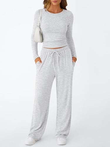 Trendy Queen Women's 2 Piece Matching Lounge Set Long Sleeve Side Ruching Top Wide Leg Drawstring Pants Set with Pockets thumbnail 2