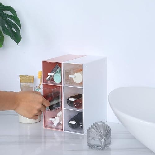 OSteed Desktop Drawers, Desk Organizer with 6 Drawers, Stackable Plastic Storage Box for Home Collection, Cosmetics, Jewelry, Office Supplies (2 Tall Layers, Pink) thumbnail 6