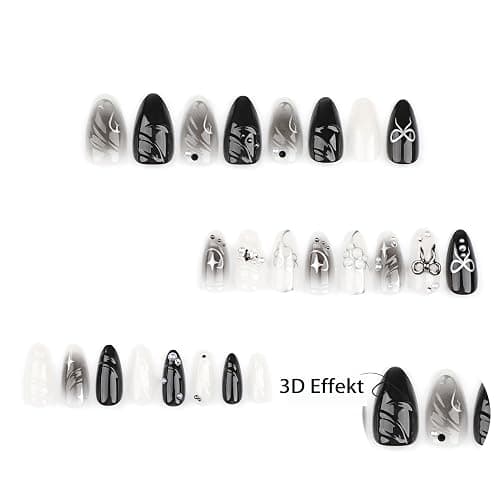 MouyouGlow Press on Nails Kurz,Almond Schwarz Airbrushing Stern 3D Bubble Ribbon Bow Tie Schleife Perle Fake Nails mit Nagelkleber,Cool Y2K Coquette Künstliche Fingernägel thumbnail 3