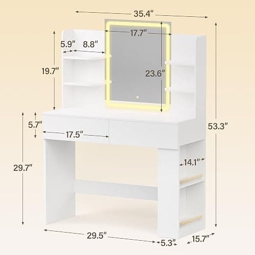 YESHOMY Vanity Desk with Mirror and Lights,35.4" Makeup Vanity with 2 Storgae Drawers, 2 Side Shelves and Open Storage Shelves, 3 Color Modes, for Bedroom, Pure White thumbnail 2