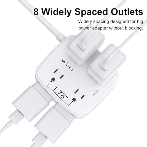 Surge Protector Power Strip - YISHU 8 Widely Outlets with 2 USB-C(PD 30W) and 2 USB-A Ports, 3 Side Outlet Extender with 6Ft Flat Plug Extension Cord, Wall Mount, Desk USB Charging Station, ETL,White thumbnail 4