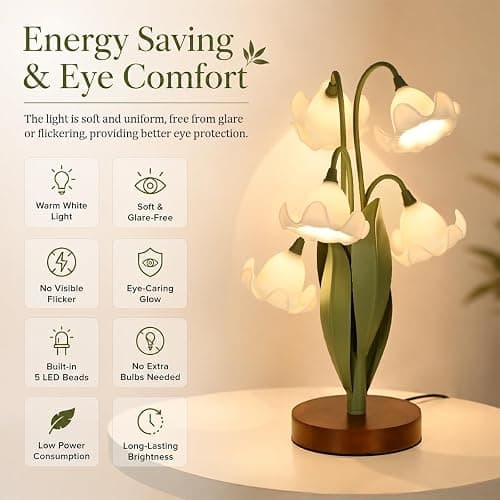 NewAoNaSen Lighting Flower Table Lamp for Bedroom, LED Cute Reading Light | 5 White Magnolia Flower of The Valley Desk Lamp Bedside Lamps for Nightstands Home Decor,Soft Night Light for Living Room thumbnail 6