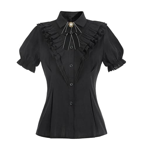 Nuoqi Victorian Blouse Women Black Ruffle Edwardian Shirt Short Cotton 1800s Vintage Top with Bow - Image 1