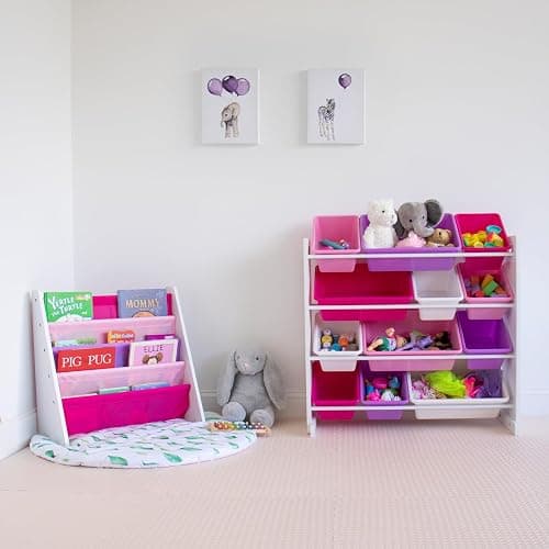 Humble Crew 4-Tier Kids Bookshelf, White Wood/Pink/Purple - Premium Book Shelf for Kids Rooms with Four Deep Pockets - Toddler Sling Book Rack with Deep Sleeves, Nursery Bookcase Organizer thumbnail 2