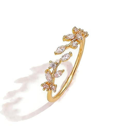 cotwdi Gold Rings Non Tarnish Silver Adjustable Rings for Women Cubic Zirconia Leaf Ring Dainty Silver Stackable Ring for Women - Image 1