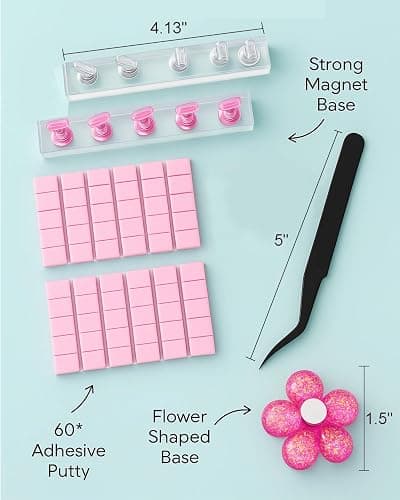 Nail Stand for Press On Nails – 2 Set Acrylic Nail Holders for Nail Art Practice, 10 Nail Stands, 60Pcs Reusable Putty, Flower Shaped Base & Tweezers, Nail Art Tool Kit for Salon & Home thumbnail 7