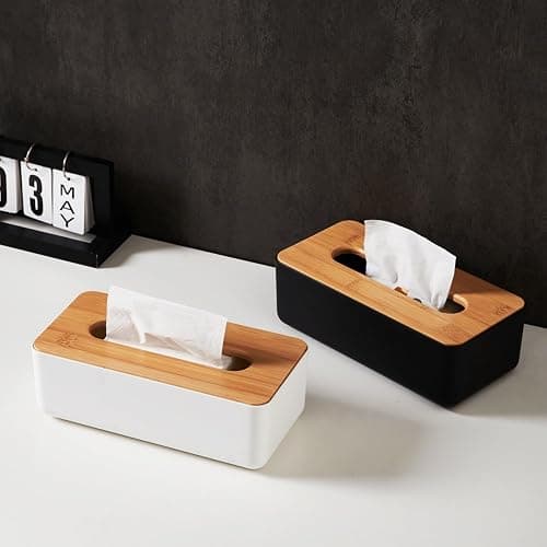 Tissue Box with Bamboo Cover,Plastic Tissue Organizer,Bathroom Tissue Dispenser for Home,Bedroom,Office,Living Room,8.1×4.6×2.9 in (Black) thumbnail 9