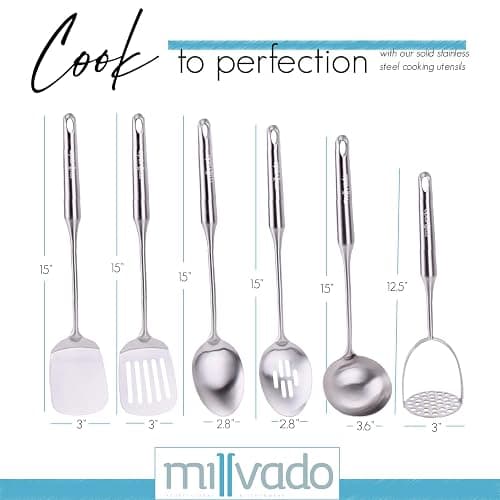Millvado Stainless Steel Kitchen Utensil Set, Cooking Utensils, Set of 6 Kitchen Tools, Solid Spoon, Slotted Spoon, Solid Turner, Slotted Turner, Soup Ladle, Potato Masher, Dishwasher Safe thumbnail 3