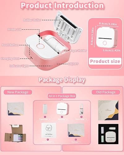 Memoking Mini Sticker Printer - T02 Mini Thermal Printer Wireless Inkless Label Maker Portable Sticker Maker for Student Birthday Gift, Compatible with iOS & Android, Pink thumbnail 8