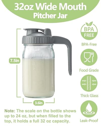 32oz Glass Pitcher with Lid & V-shaped Pour Spout - 1 Quart Breastmilk Pitcher Double Leak Proof, Creamer Container for Sun Tea, Juice, Cold Brew Coffee, Breastmilk Storage Container thumbnail 2