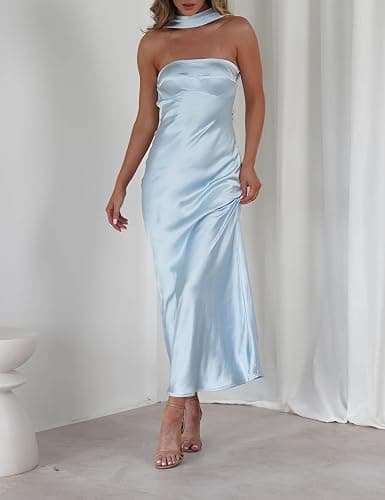 Women's Summer Satin Strapless Tube Top Maxi Dress Elegant Silk Backless Halter Neck Formal Party Dresses Wedding Guest thumbnail 4