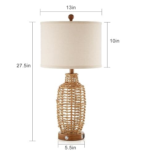 YIMNOVP Rattan Table Lamps Set of 2 Wicker Lamps 3 Way Dimmable Touch Control Farmhouse Rustic Coastal Lamps with USB Port for Bedroom Living Room Office (LED Bulbs Included) thumbnail 2