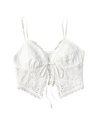 SweatyRocks Women's Casual Hollow Out Tie Front Cami Top Lace Trim Slim Fit Crop Tops - Medium - White - Image 1