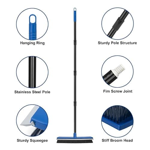 16 Inch Push Broom Outdoor 2 in 1 with Rubber Squeegee and Stiff Bristle Deck Brush 58" Long Handle for Deck Patio Garage Warehouse Driveway Concrete Floor Cleaning Scrubbing(Blue) thumbnail 5