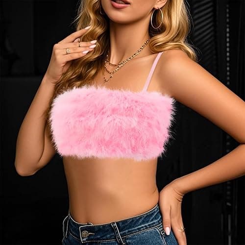 TYNORA Women's Faux Fur Crop Top Spaghetti Strap Tube Tops Strappy Cami for Concert Club Party thumbnail 3