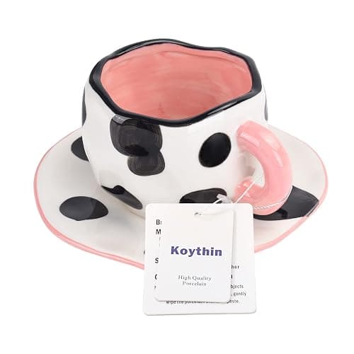 Koythin Cow Mug, Ceramic Coffee Mug with Saucer Set, Cute Cup Unique Irregular Design for Office and Home, Dishwasher and Microwave Safe, 10oz/300ml for Latte Tea Milk (Small Cow) - Small Cow thumbnail 4