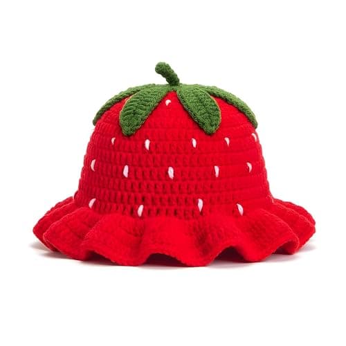 ComfyCamper Knitted Strawberry Hat - Womens Adult Mens Women Crochet Fruit Summer Cosplay Halloween Costumes - Image 1