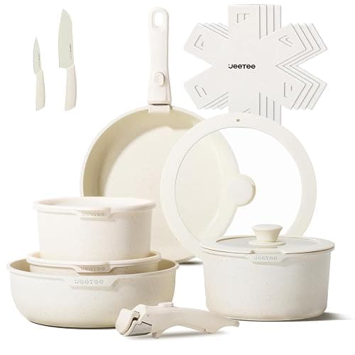 JEETEE Pots and Pans Set Non Stick 17pcs, Kitchen Cookware Sets with Detachable Handle, Induction Nonstick Cookware Set with Removable Handle, Stackable RV Cookware, Oven Safe, PFAS/PFOA Free, Beige - Image 1