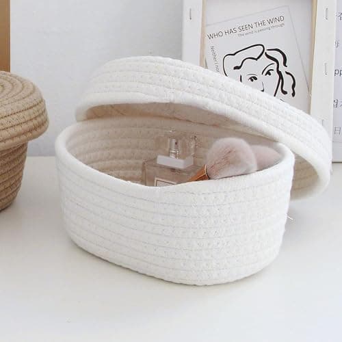 AUNMAS Oval Cotton Rope Storage Basket with Lid, Lidded Woven Storage Container Multifunctional Desktop Storage Box for Makeup Sundries Snack Needles (Milky White) thumbnail 2