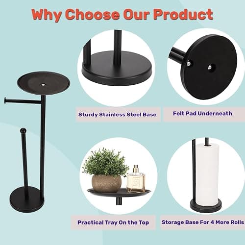 Sfemn Black Toilet Paper Holder Stand, Freestanding Toilet Paper Holder with Shelf for Small Items, Toilet Paper Stand with Storage Space for 4 Extra Toilet Paper Rolls - Black Matte thumbnail 7