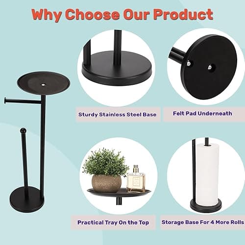 Sfemn Black Toilet Paper Holder Stand, Freestanding Toilet Paper Holder with Shelf for Small Items, Toilet Paper Stand with Storage Space for 4 Extra Toilet Paper Rolls - Black Matte thumbnail 7