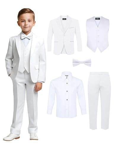 Boys' 5-Piece Tuxedo Set: Premium Formal Jacket, Pants, Shirt, Vest & Bow Tie - 12 - White